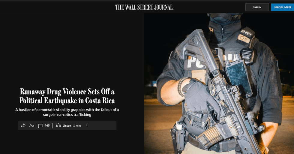 Wall Street Journal destaca violencia narco en Costa Rica y advierte que “trastorna el sistema político del país”