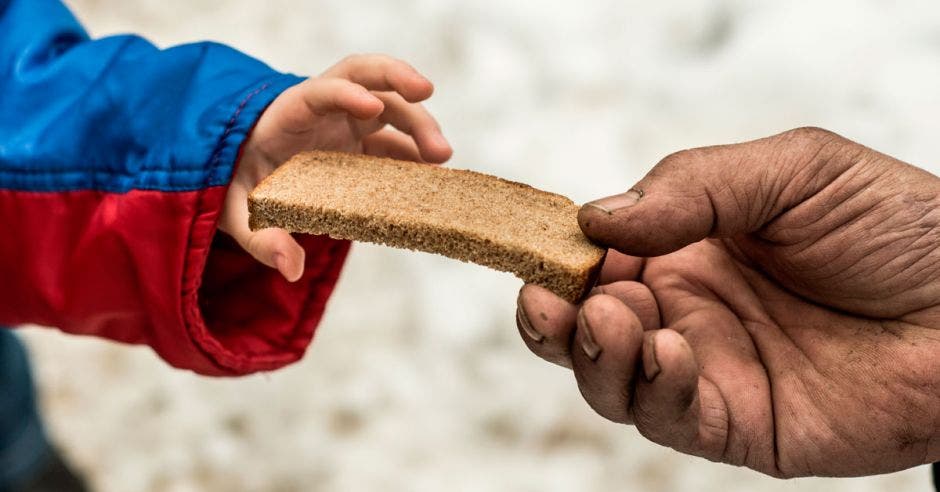 Niño hambriento toma rebanada de ban de una mano bondadosa