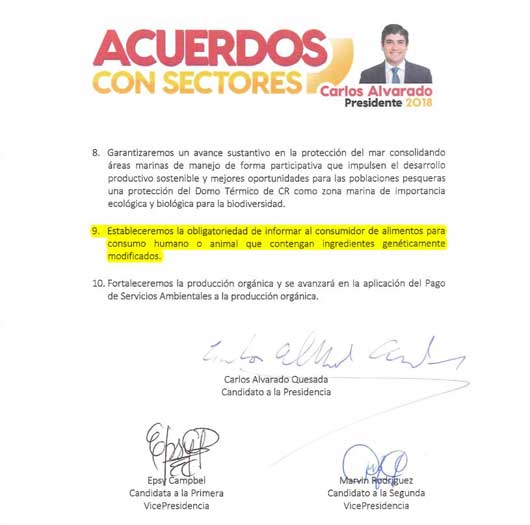 Apartado del plan de gobierno de Carlos Alvarado que habla sobre el etiquetado de transgénicos