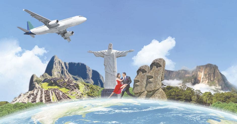 avión sobre íconos de ciudades suramericanas: Machu Puchu, Cristo del Río de Janeiro, pareja bilando tango