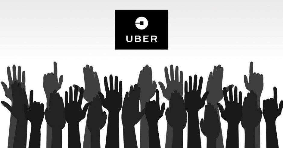 Manos alzadas como favoreciendo a Uber, el logo de la compañía arriba de las manos