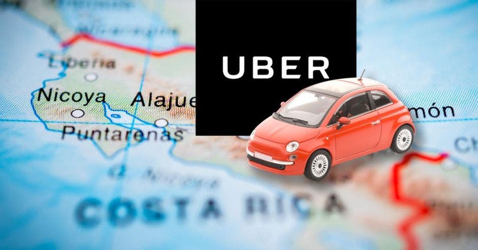 Un carro de uber encima de un mapa de Costa Rica