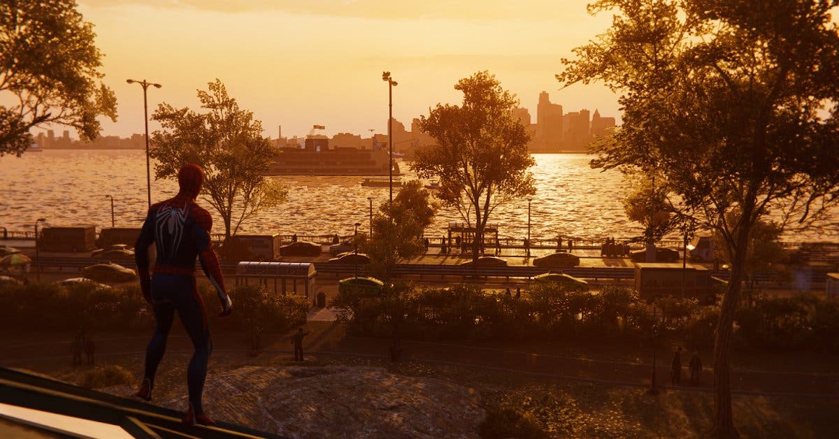 Spiderman admirando un atardecer frente a un río