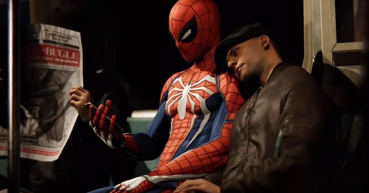 Spiderman en la vida cotidiana, subido en el metro con un pasajero dormido al lado