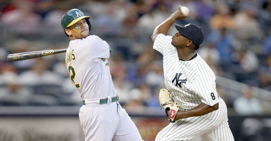 Khris Davis, bateador designado de los Atléticos, se voló la cerca en 48 oportunidades. Luis Severino, estelar lanzador de los Yankees, listo para detener la artillería de Oakland.