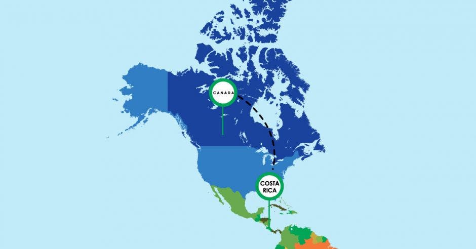 mapa de América, están señalados Costa Rica y Canadá