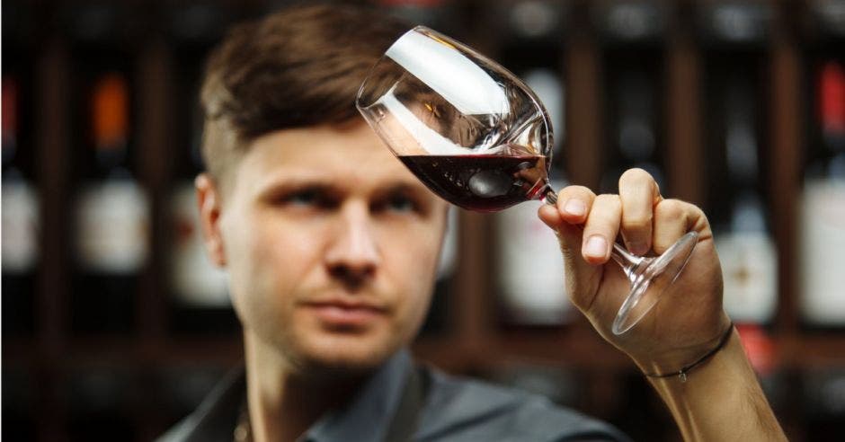 Un hombre con una copa de vino, admirando el color de este