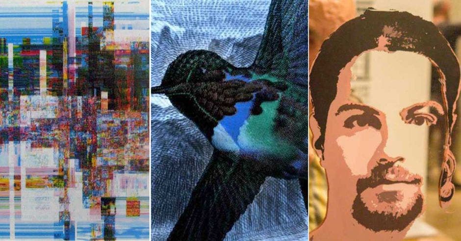 Un collage con tres obras de Mauricio Herrera, la primera es una imagen totalmente distorsionada, la segunda un colibrí de negro azul y algo de verde, por último  un joven de bigote y candado con el pelo largo amarrado