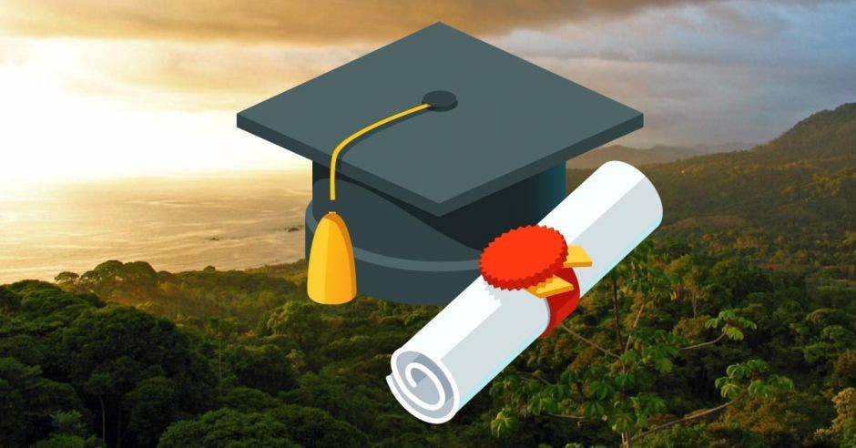 Ícono de graduación sobre paisaje rural