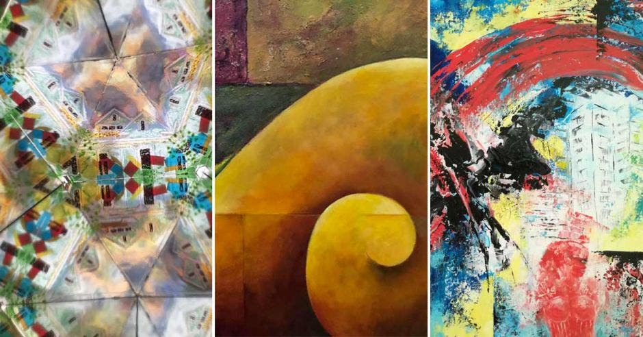 Tres de las obras que se presentan, bastante abstractas con variedad de colores