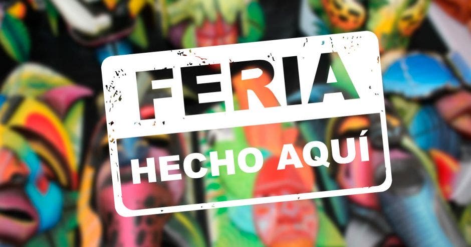 Sello con las palabras "Feria Hecho Aquí" sobre fondo de colores