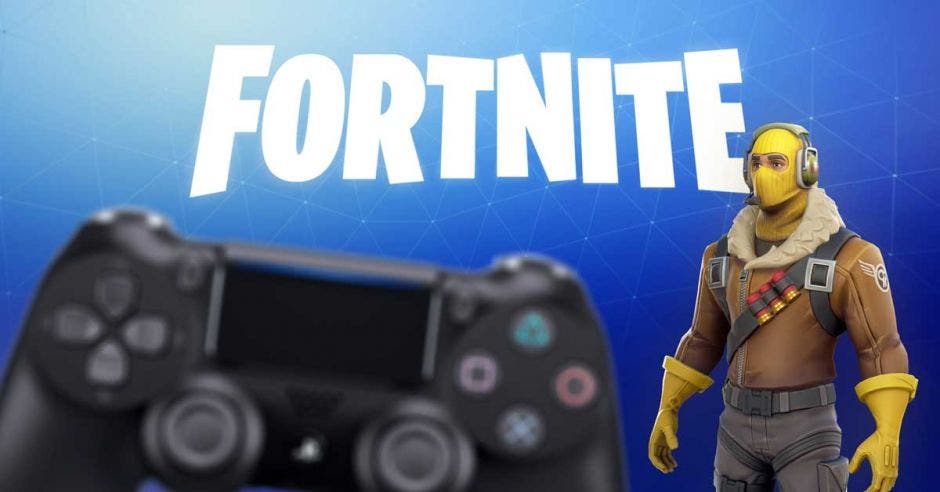 Un mando de playstation 4 junto al logo de Fortnite