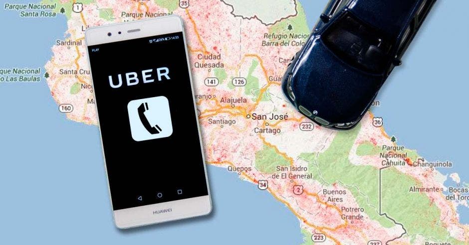 Un celular junto a un automóvil con la aplicación de Uber abierta