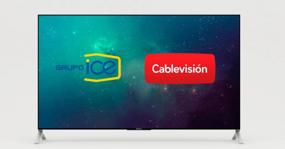 Los logos de ICE y Cable Visión dentro de una televisión
