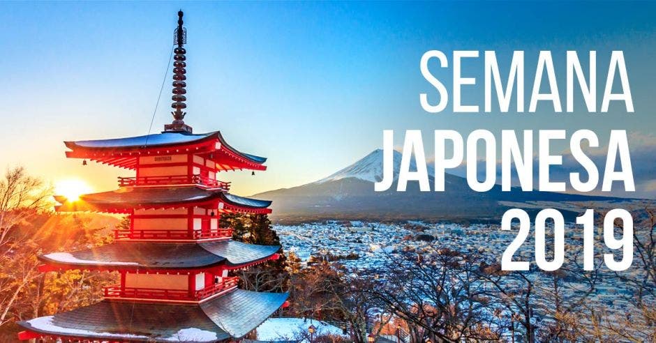 Paisaje de una pagoda japonesa con el Monte Fuji al fondo y, en letras, "Semana Japonesa 2019".