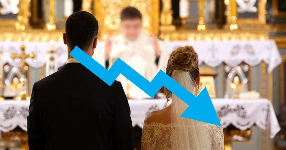 Una flecha azul en caída sobre una imagen de un cura celebrando el matrimonio de una pareja.