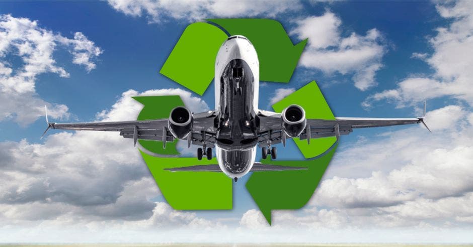 avión y signo de reciclaje