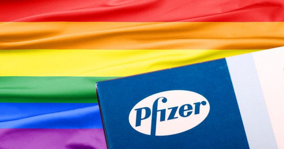 Una bandera de la diversidad y el logo de Pfizer