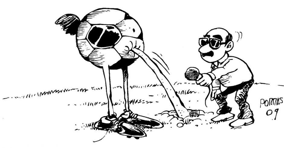 Caricatura un aveztruz metiendo la cabeza bajo la tierra y una persona con un micrófono tratando de entrevistar