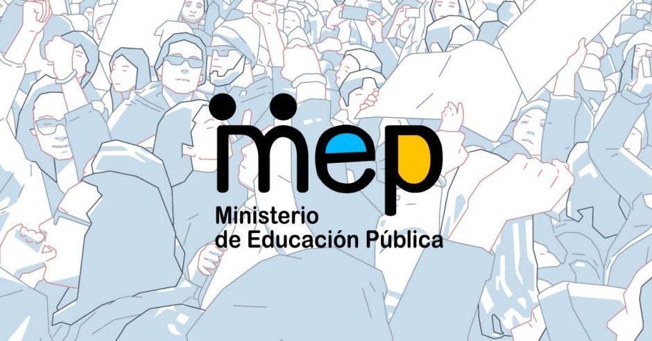 Siluetas de personas protestando y un logo del MEP