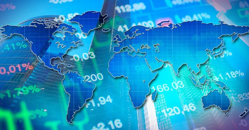 Mapa del mundo con fondo de proyecciones financieras