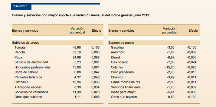 Recuadro de Bienes y servicios con mayor aporte a la variación mensual del índice general, julio 2019