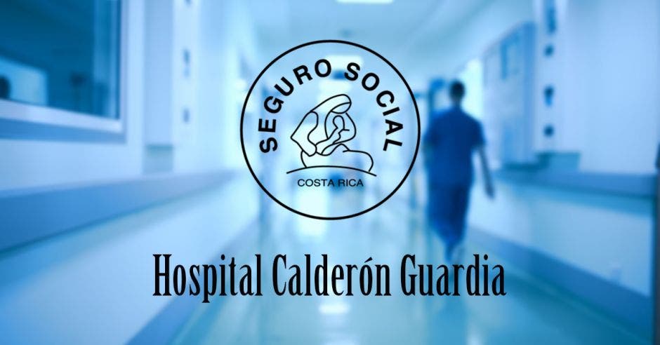 Un pasillo de un hospital con el logo de la CCSS y la palabra Hospital Calderón Guardia