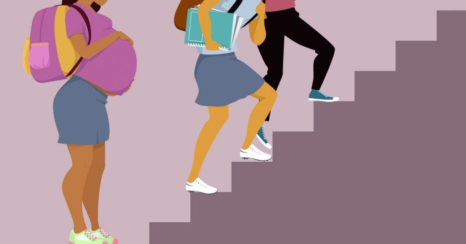 Un dibujo de una escalera y estudiantes subiédola, una de ellas embarazada