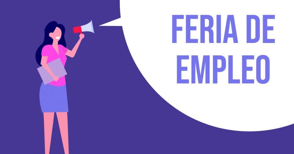 Una ilustración de una mujer con un altavoz que dice Feria de Empleo