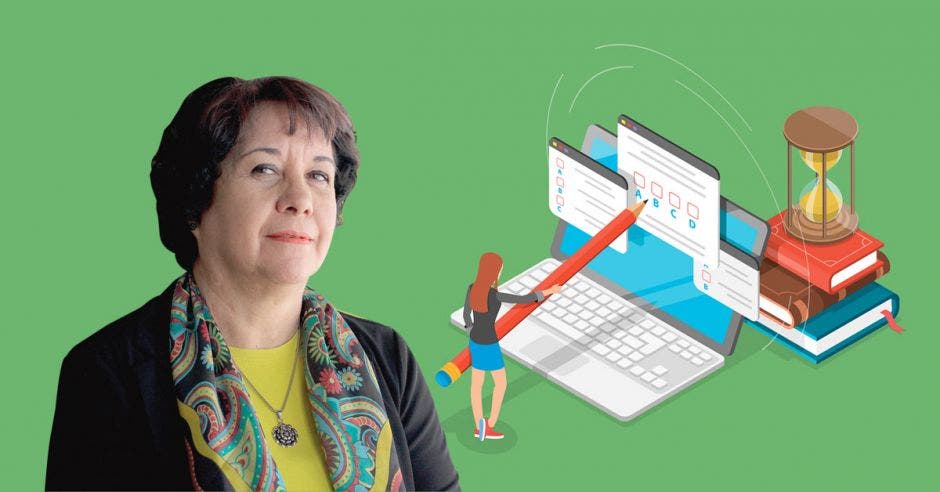 Guiselle Cruz, ministra de Educación con una ilustración de una computadora