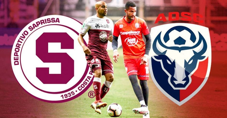 Alexander Robinson, jugador de Saprissa con el uniforme morado y blanco, con un balón en sus pies y Patrick Pemberton, jugador de San Carlos, con uniforme rojo, realizando un pase, al lado de cada uno de ellos está el logo de la S de Saprissa y el Toro de San Carlos