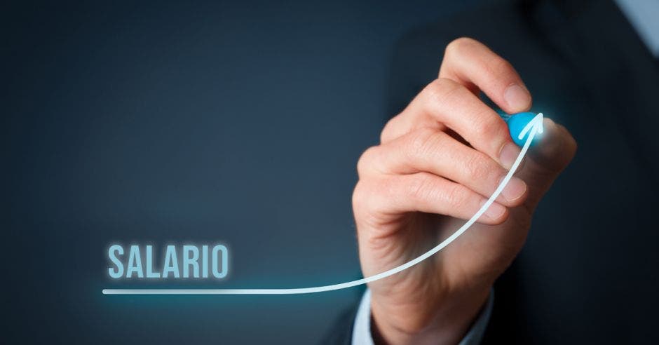 mano dibuja con un lápiz una línea celeste mostrando aumento con la palabra salario. Sobre un fondo negro.