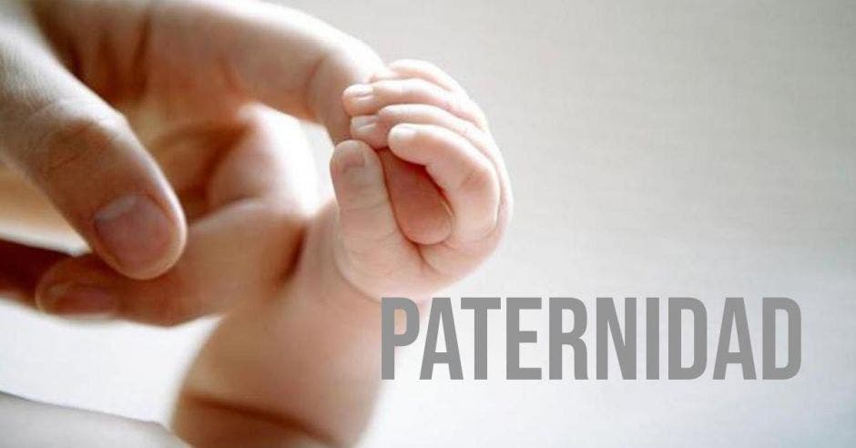 Una mano de un adulto sosteniendo la de un bebé y la palabra paternidad en mayúsculas