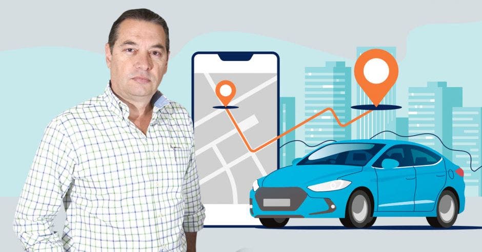 Roberto Thompson en primer plano y un fondo con un celular que simula un app de transporte.