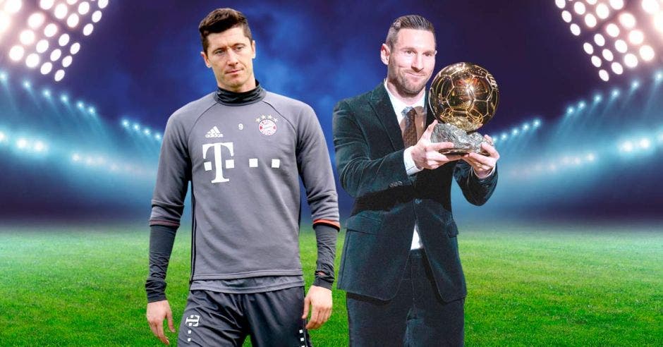 robert lewandowski y lionel messi con balon de oro en mano