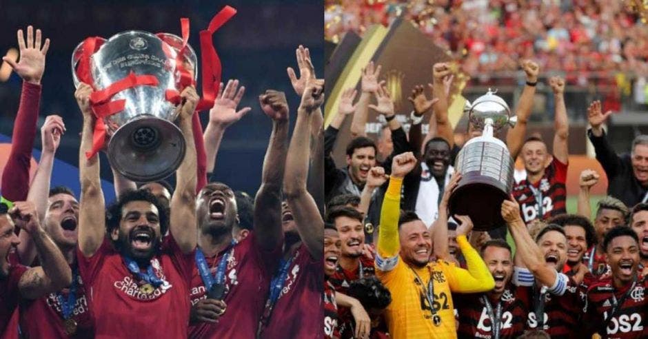 Salah del Liverpool con la copa de Champions levantada y sus compañeros de fondo a la izquierda, Diego capitán del Flamengo levantando la Libertadores con sus compañeros, a la derecha