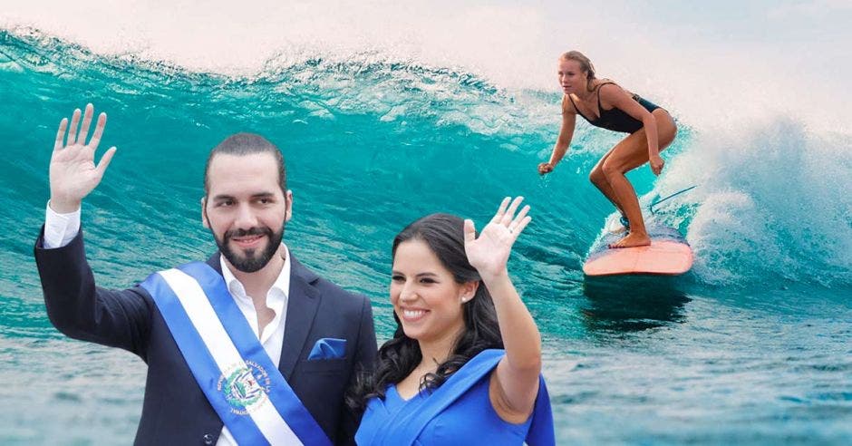 bukele con esposa y surfista de fondo