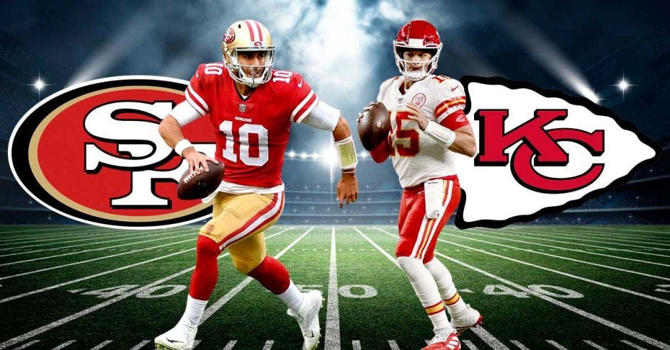 Jimmy Garoppolo y Pat Mahomes y escudos de kansas y chiefs