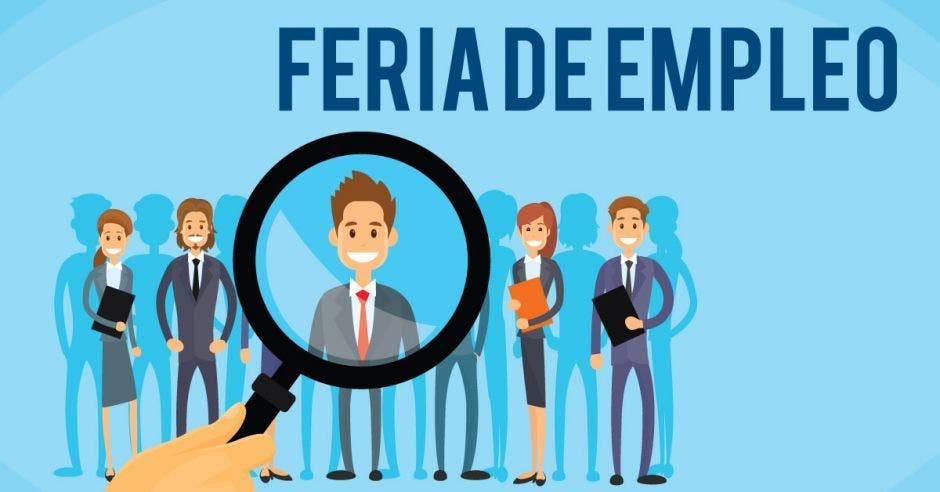 Una ilustración de una lupa y varios candidatos con la palabra feria de empleo