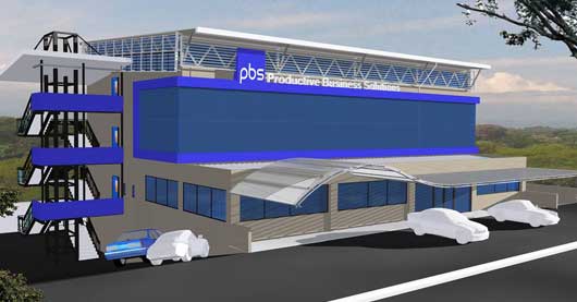 Render del edificio de grupo PBS en colores gris y azul