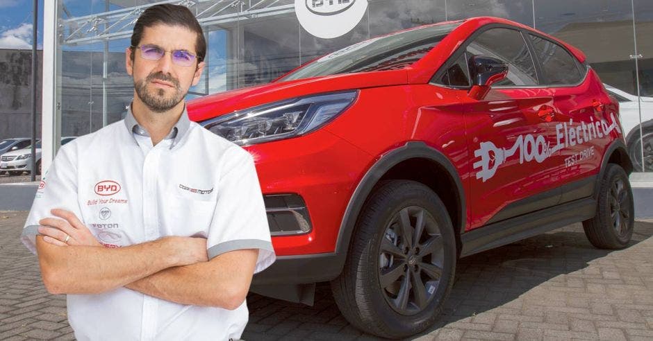 Un hombre con anteojos frente a un auto color rojo