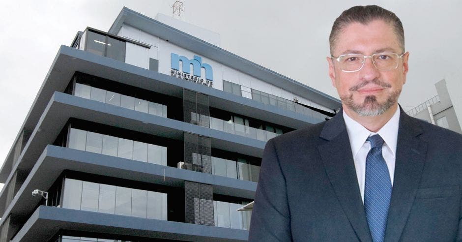 Rodrigo Chaves con el edificio de Hacienda de fondo