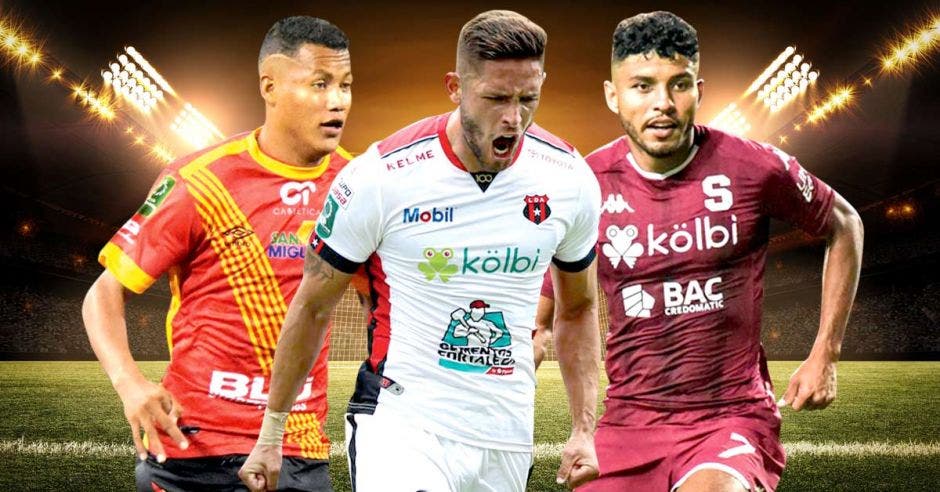 Jugadores de Herediano, Alajuelense y Saprissa, con un fondo de un estadio