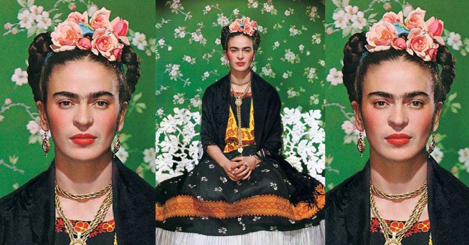 Tres foto de Frida Kahlo con una vincha de rosas y un vestido negro con amarillo