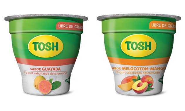 Presentaciones del yogurt Tosh en sabor guayaba y mango-melocotón