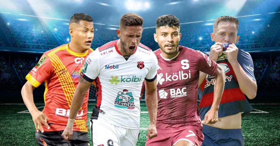 Jugadores de Herediano, Alajuelense, Saprissa y Cartaginés en un montaje con un estadio de fondo