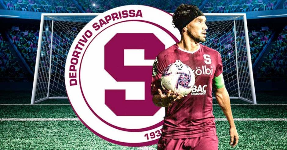 El jugador del Saprissa Christian Bolaños con una bola en sus manos con un montaje del escudo de Saprissa atrás