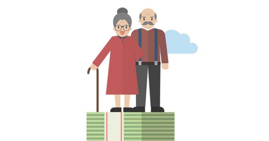 hombre y mujer ancianos en caricatura encima de un puño de billetes