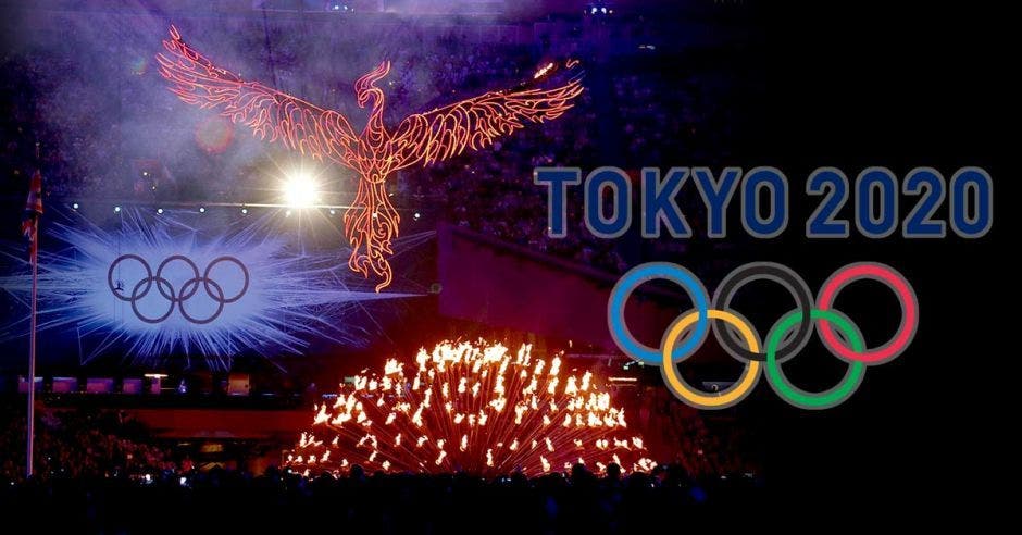 La ceremonia en la que se hace la selección de Japón como sede, con un ave de fuego y al lado los aros olímpicos con el nombre Tokyo 2020