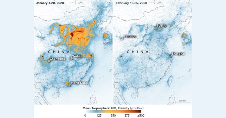 Dos mapas de china que develan una masa de color amarillo que se reduce